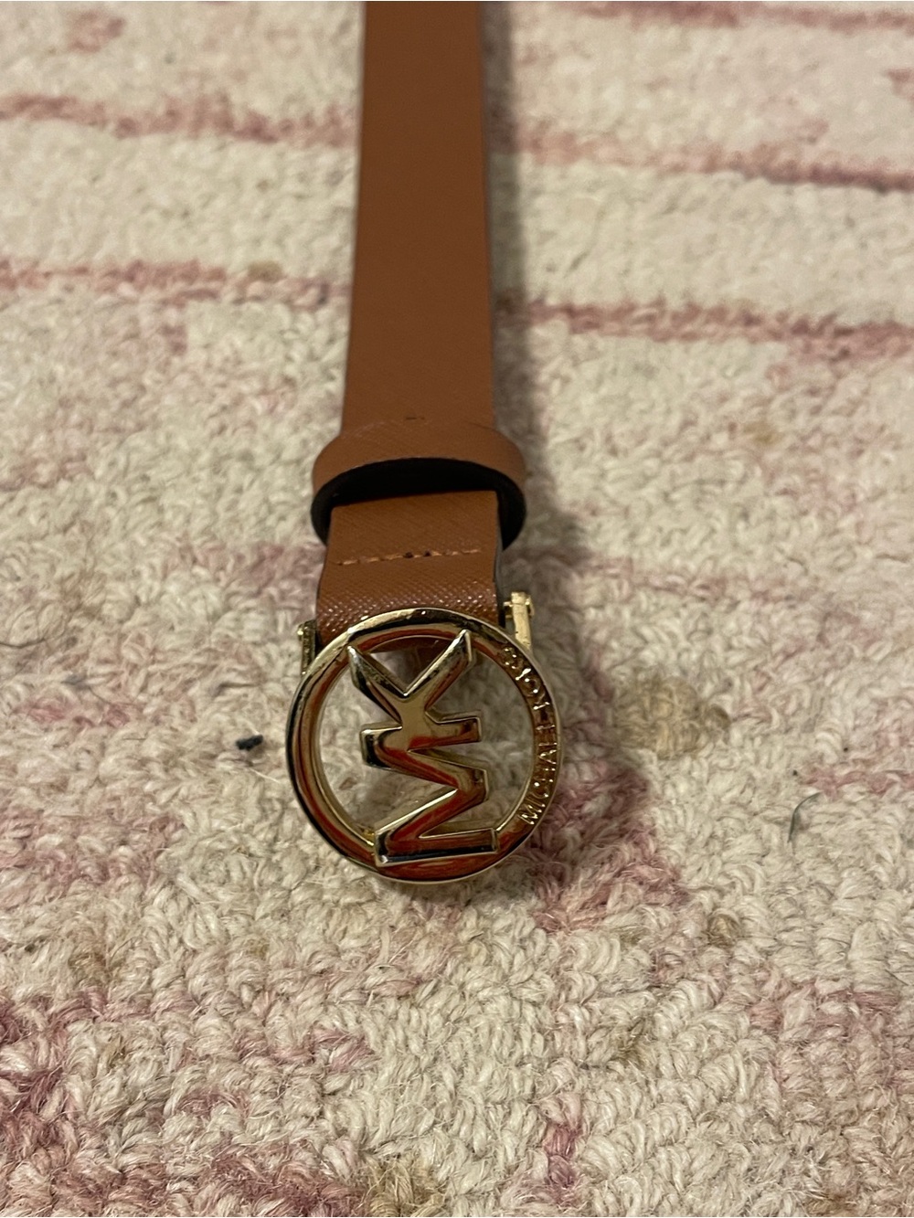 Michael Kors Tan Leather Belt with Gold MK Round Buckle